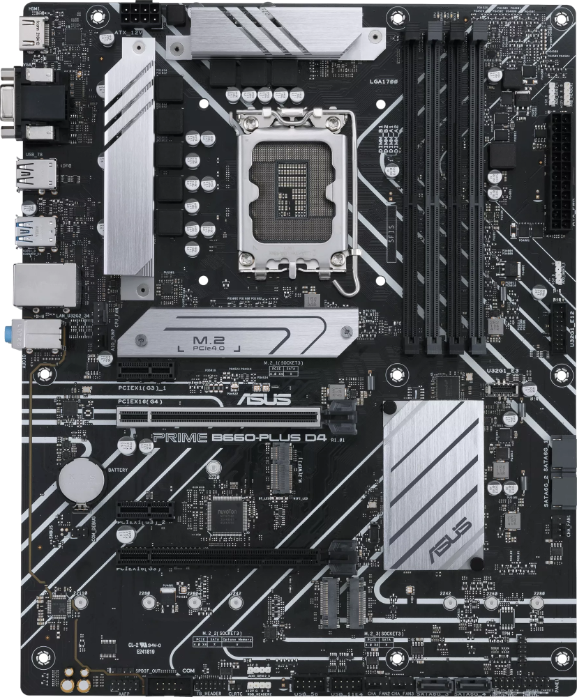 ����������� ����� ASUS PRIME B660-PLUS D4 Socket 1700, Intel B660, 4xDDR4, PCI-E 4.0, 2500 ����/�, USB 3.2 Gen1, 2xUSB 3.2 Gen2, USB 3.2 Gen2x2 Type-C, VGA, HDMI, DisplayPort, ATX