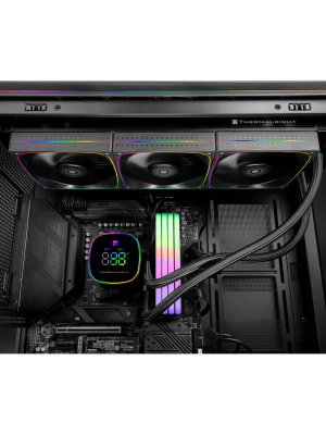 ������� ����������� ���������� Thermalright Frozen Horizon 360 Digital (360mm, LED temp., Black, ARGB/ Fans: 3x120mm, 68.9CFM, 28.2dBA, 2000RPM/ Pump height 53.2mm, Rad thickness 27mm/ S: 1700, 1200, 1851, 115X, AM5, AM4)