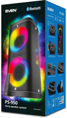 ��������� ������� 2.0 SVEN PS-950 ������ (2x80 W, IPx4, mini Jack, 2 � 6.35 �� Jack, USB, NFC, Bluetooth, FM, micro SD, ���, 2 x 4400 �A, LED ���������)