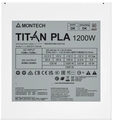 ���� ������� Montech TITAN PLA 1200W / ATX 3.1, APFC, 80 PLUS Platinum, Japan caps, 135mm fan, full modular / TIX0126