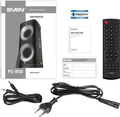 ��������� ������� 2.0 SVEN PS-950 ������ (2x80 W, IPx4, mini Jack, 2 � 6.35 �� Jack, USB, NFC, Bluetooth, FM, micro SD, ���, 2 x 4400 �A, LED ���������)
